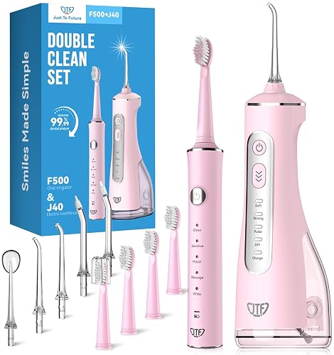 JTF Electric Toothbrush & Water Flosser Combo, 2-1 Portable Oral Clean Kit | Effective Yet Gentle Brushing & Flossing, Multiple Modes for Braces & Sensitive Teeth Care, Cordless for Home Travel, Pink