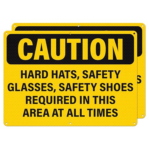 Anobell Hard Hats Safety Glasses Safety Shoes Required In This Area Sign | 2 Pack, Reflective Aluminum, 14" x 10" Personal Protective Equipment Signage for Construction, Warehouse, Industrial Worksite