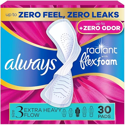 Always Radiant with FlexFoam Pads for Women, Size 3, Extra Heavy Pad with Wings, Scented, Up to Zero Feel, Zero Leaks, 30 Count