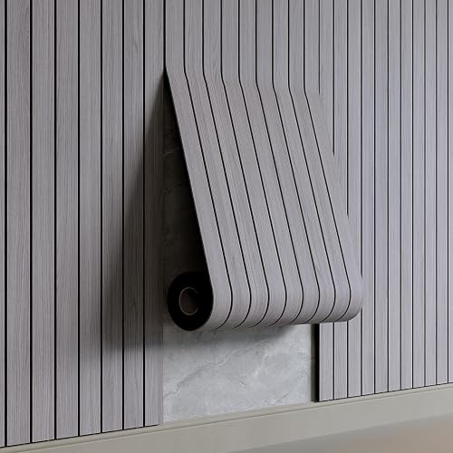YU LI 3DH Peel and Stick PVC Slat Wall Panel 118"x15.75" Self-Adhesive Thick Faux Grey Wood Grain Wallpaper Panel 3D Soundproof Wall Panels for Walls & Ceilings