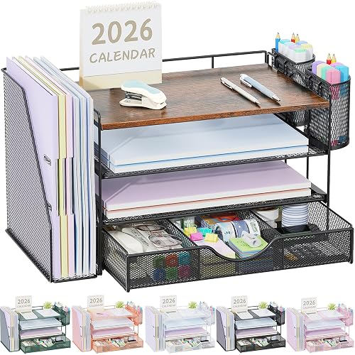 gianotter Desk Organizers and Accessories with File Holder, 4-Tier Desk Accessories & Workspace Organizers with Drawer and 2 Pen Holder, Paper Organizer for Office Supplies (Wood)