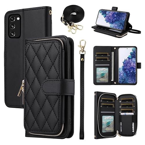 Furiet Wallet Case for Samsung Galaxy S20 FE 5G 6.5 inch with Wrist Strap, 9+ Card Slots Zipper Purse, Luxury PU Leather Stand Phone Cover for S 20 EF UW S20FE5G S20FE 20S S2O Fan Edition 4G G5 Black