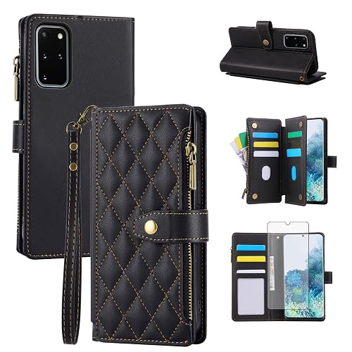 Furill Wallet Case for Samsung Galaxy S20 Plus,Zipper Pocket Purse,Black | S20+ 5G,10 Card Slots,Coin,RFID Blocking,Phone Cover Cash Slot,Shockproof,Camera Protection,Free Screen Protector & Lanyard