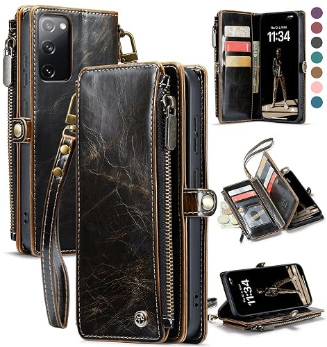 Defencase for Samsung Galaxy S20 FE 5G Wallet Case with Card Holder, Coffee | Durable PU Leather, with RFID Blocking Zipper Pocket, Wrist Strap, S20 FE 5G Flip Phone Cases Cover with Stand for Women Men