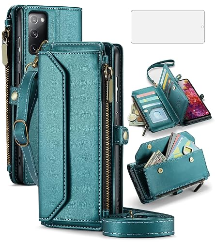 Asuwish Phone Case for Samsung Galaxy S20 5G 6.2 inch Zipper Wallet Cover with Tempered Glass Screen Protector and Flip RFID Blocking Credit Card Holder Stand Cell S 20 20S UW S2O G5 Women Girls Green