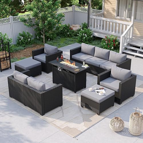 Aoxun 7 Piece Patio Furniture Set with Fire Pit Table, 9 Seats Outdoor Furniture Set with Wicker Ottomans, Rattan Outdoor Sectional Sofa with Thickened Cushion & Waterproof Cover Light Grey