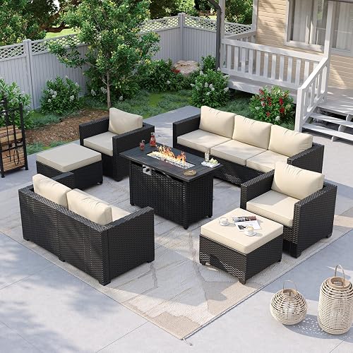 Aoxun 7 Piece Patio Furniture Set with Fire Pit Table, 9 Seats Outdoor Furniture Set with Wicker Ottomans, Rattan Outdoor Sectional Sofa with Thickened Cushion & Waterproof Cover Beige
