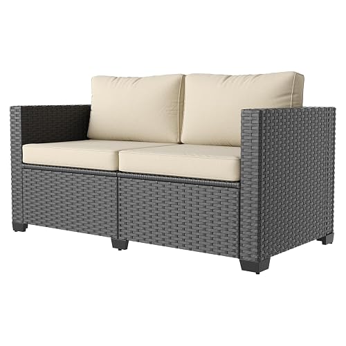 Aoxun 1 Piece Loveseats Patio Furniture Set, Wicker Rattan Outdoor Furniture Conversation Set with 4" Thick Cushions for Deck Yard and Poolside Beige