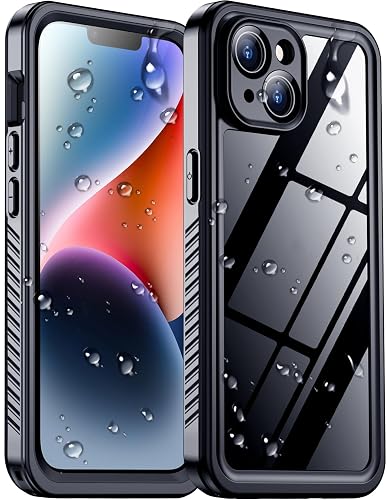 Temdan Compatible with iPhone 14 Case Waterproof, Built-in Screen & Camera Protector IP68 Underwater Full Body 14FT Military Dropproof Shockproof Phone Case 6.1"-Black/Clear