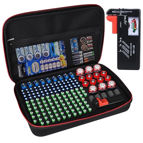 Battery Organizer Storage Box with Tester, Battery Vault Case Fireproof Waterproof Explosionproof Holder Box with Tester BT-168 Checker Carrying Case Container Bag Fit for 200+ Batteries AA AAA C D 9V