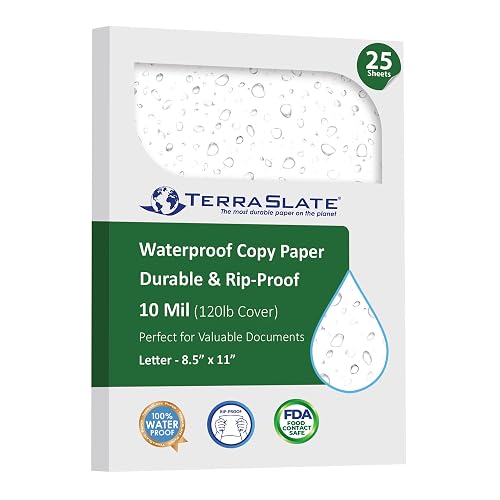 TerraSlate Premium Rain/Weather/Waterproof Paper, 10 Mil 8.5 x 11 Inches, White, Durable Printer Paper (25 Sheets)