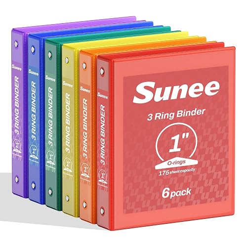 SUNEE 1 Inch Binders 3 Ring 6 Pack, Clear View Three Ring Binders PVC-Free (Fit 8.5x11 Inches) for School Binder or Office Binder Supplies, Classic 6 Colors