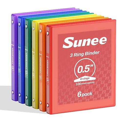 SUNEE 1/2 Inch Binders 3 Ring 6 Pack, 3 Ring Binders Half Inch Clear View PVC-Free (Fit 8.5x11 Inches) for School Binder or Office Binder Supplies, Classic 6 Colors