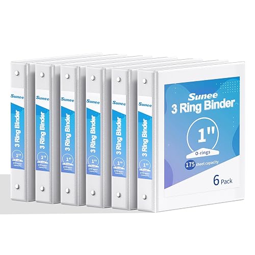 SUNEE 1 Inch Binders 3 Ring 6 Pack, Clear View Three Ring Binder PVC-Free (Fit 8.5x11 Inches) for School or Office Supplies, White