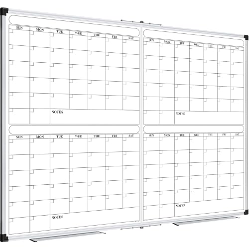 XBoard Magnetic Calendar Whiteboard 48x36 Inches 4 Month | Dry Erase Planner with Aluminium Frame, Foldable White Board Calendar for Home School Office Organization