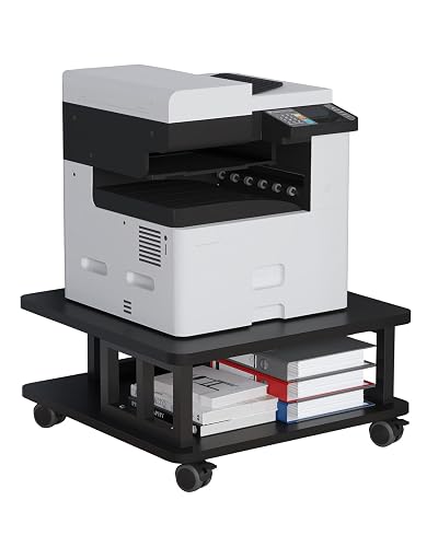 AOOSSI Mobile Printer Stand, 2-Tier Large Printer Shelf for Laser 3D Printer Office Machine with Storage, 23.6"x23.6" Wood Printer Cart Under Desk Rack with Wheels for Office Home Kitchen (Black)
