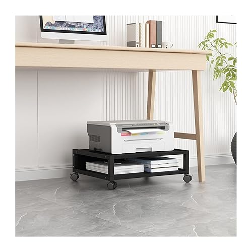 Printer Stand Rolling Under Desk Printer Stand Office Movable Printer Desk with 4 Wheels & Lock Mechanism Small and short Printer Shelf for Mini 3D Printer, Black Printer Stand for Desk Printer Table