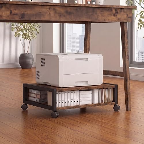 Zonon 2 Tier Printer Stand Under Desk with Wheels, Open Shelf, Brown | 19.7x15.7x7.9 Inch Rolling Printer Table Cart, Short Storage Shelf with Lockable Wheels, for Home Office Organization