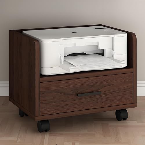 Under Desk Printer Stand with Storage Drawer and Open Shelves, Rolling Printer Cabinet with Wheels, Multi-Tier Mobile Printer Cart for Home Office, Heavy Duty Printer Table Organizer(Brown,45cm/17.7in