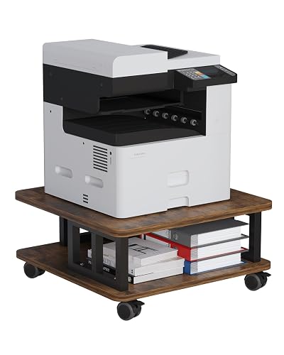 AOOSSI Mobile Printer Stand, 2-Tier Large Printer Shelf for Laser 3D Printer Office Machine with Storage, 23.6"x23.6" Wood Printer Cart Under Desk Rack with Wheels for Office Home Kitchen (Brown)