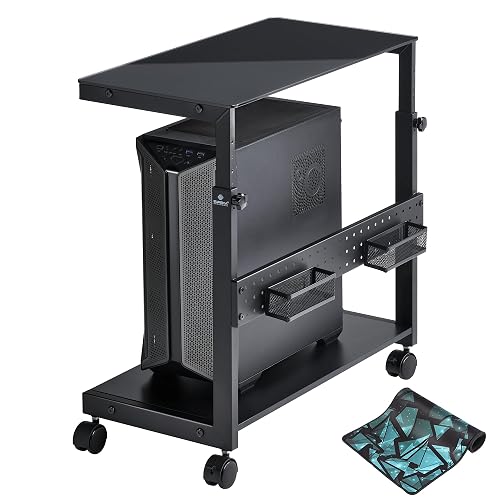 EUREKA ERGONOMIC PC Stand Computer Cart Frosted Glass, Height Adjustable Tower Stand 2-Tier Suit for ATX Case Printer, Metal Rolling Cart on Wheels for Gaming Home Office, Black