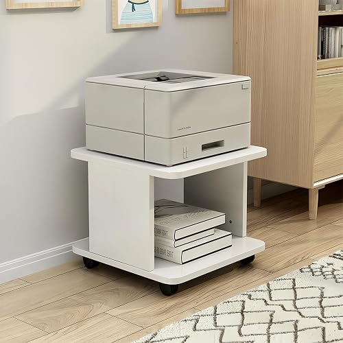 Printer Stand, Wood Printer Table Shelf,2 Tier Mobile Printer Table Shelf, 360° Rolling Printer Stand File Cabinet Organization,for Home Printer Stand O(Size:50x40x30cm(20x16x12inch),Color:White)