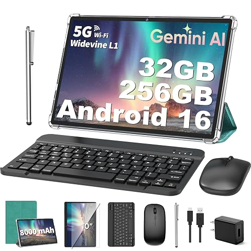 Android 16 Tablet with Keyboard - 10 inch Electronics Tablet with Gemini AI | 32GB+256GB+2TB Expand, Octa-Core, 8000mAh, GMS, WiFi, 2-in-1 AI Tablets with Case/Mouse/Stylus for Student/Business (Green)
