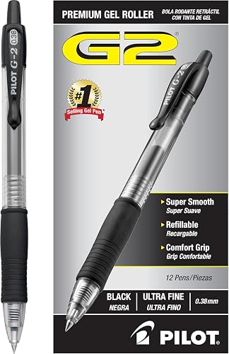 PILOT G2 Premium Retractable Rolling Ball Black Gel Pens, .38mm, 12-Pack | Clean lines daily, crisp lines, refillable, ultra fine point gel pens, black gel pens, quick drying, contoured rubber grip