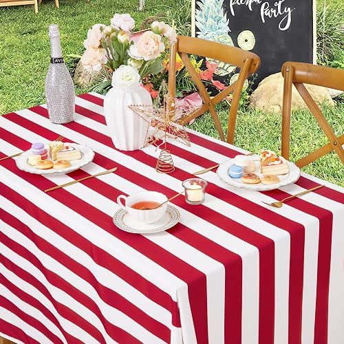 Red and White Striped Rectangle Tablecloth 57x120 Inch Summer Outdoor Decor | Waterproof Polyester Table Cloth For Summer Picnic Outdoor Themed Party Farmhouse Dining Kitchen Table Seasonal Decoration