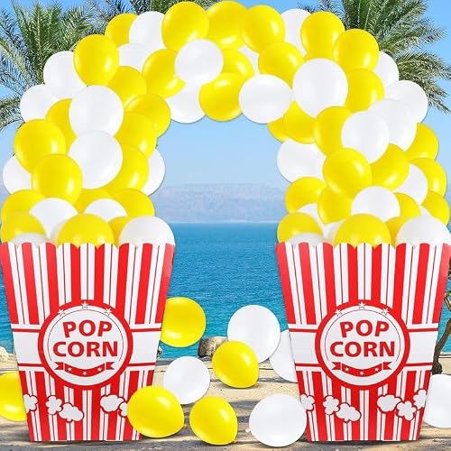1 Pack Giant Popcorn Box Prop with 100 PCS Balloons (Red) | Sturdy Popcorn Cardboard Box Display Stand for Movie Night, Circus, Theater, Carnival Birthday Party Decorations