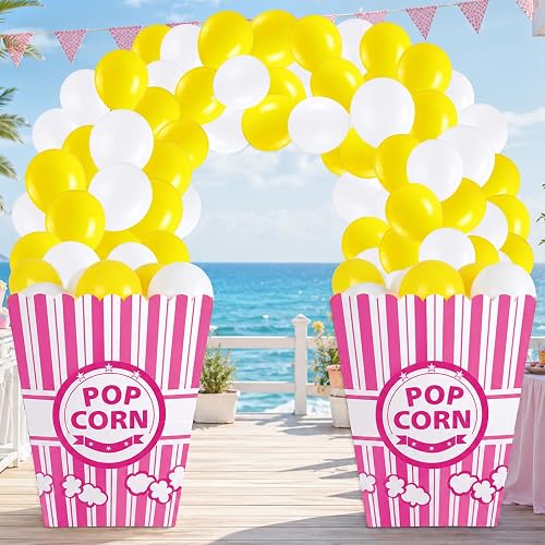 1 Pack Giant Popcorn Box Prop with 100 PCS Balloons (Pink) | Sturdy Popcorn Cardboard Box Display Stand for Movie Night, Circus, Theater, Carnival Birthday Party Decorations