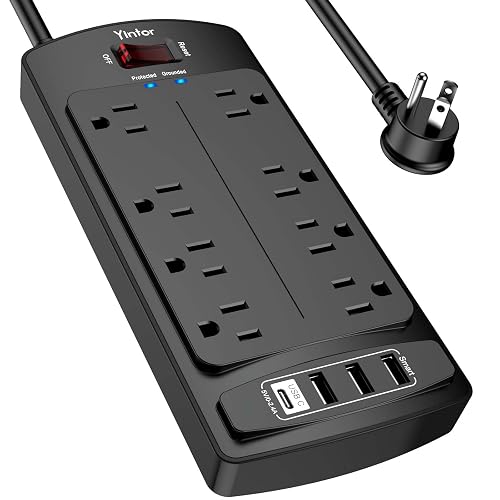 Yintar 6Ft Surge Protector Power Strip with 8 Outlets and 4 USB Ports | 6 Feet Flat Plug Extension Cord with Multiple Outlets for Home, Office, Dorm Essentials, 2700 Joules, ETL, Black
