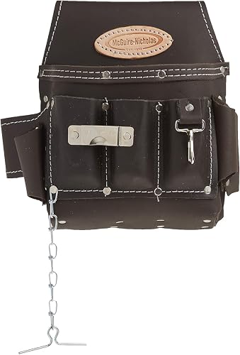 McGuire-Nicholas Electrician Tool Pouch, 12 Pocket, 1 Pack, Brown | Oil-tanned leather, Rivet-reinforced with tape chain and metal clip, Fits 3in belts, For electricians and contractors