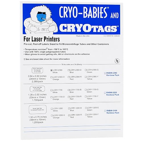 Cryo-Babies Labels, Laser Sheet, 0.5ml Tubes, 0.94 x 0.5 Inches, White, 2,380 per Package