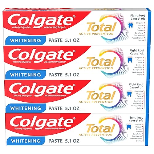 Colgate Total Whitening Toothpaste with Fluoride, Bulk 4 Pack, 5.1 oz | Mint Flavor, Anticavity, Antigingivitis, Antisensitivity Toothpaste, Helps Remove Stains, Fights Bacteria