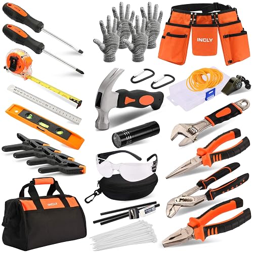INCLY 95 PCS Kids Real Tool Set with Tool Bag & Adjustable Reinforced Belt | Boys Small Real Hand Tools, Children Construction Learning Tools, Hammer Screwdriver for Home DIY Building and Woodworking