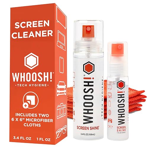 WHOOSH! Screen Shine Duo XL – Screen Cleaner and Wipe Kit, 3.4 + 1 fl oz | Includes 2 – 6x6" Microfiber Cloths, Home & Travel Size Bottles, For iPad, Monitor, Laptop & MacBook
