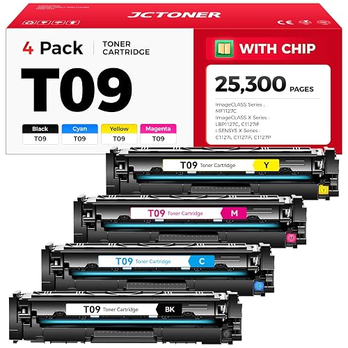 T09 Toner Cartridge Set 4-Pack with chip High Yield Replacement for Canon T09 T09L 3020C005AA 3019C005AA 3018C005AA 3017C005AA for Color imageCLASS MF1127C X LBP1127C C1127i C1127iF C1127P Printer Ink
