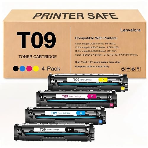lenvalora T09 Toner Cartridges New Chip Replacement for Canon T09 T09L 3020C005AA 3019C005AA 3018C005AA 3017C005AA for Color imageCLASS MF1127C X LBP1127C C1127i C1127iF C1127P Printer 4-Pack