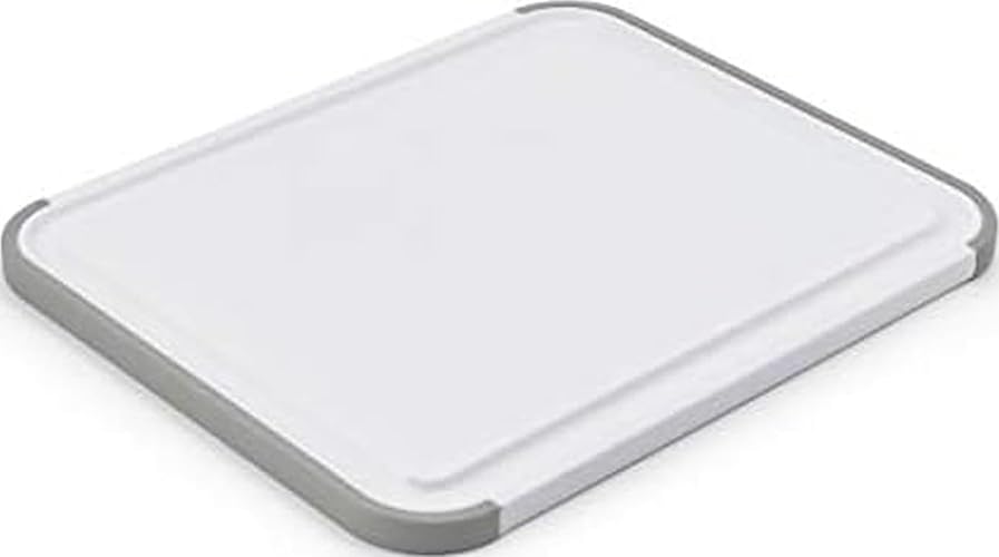 KitchenAid Classic Plastic Cutting Board with Perimeter Trench and Non Slip Edges, Dishwasher Safe, 8 inch x 10 inch, White and Gray
