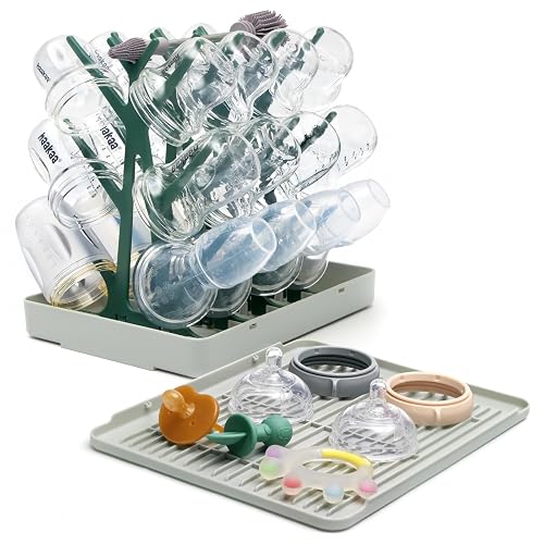haakaa Baby Bottle Drying Rack with Tray, Space-Saving Bottle Drying Tree | Foldable & Easy-Store Design, Large 24-Bottle Capacity for Bottles, Pump Parts & Pacifiers,Great for Home Use,BPA Free