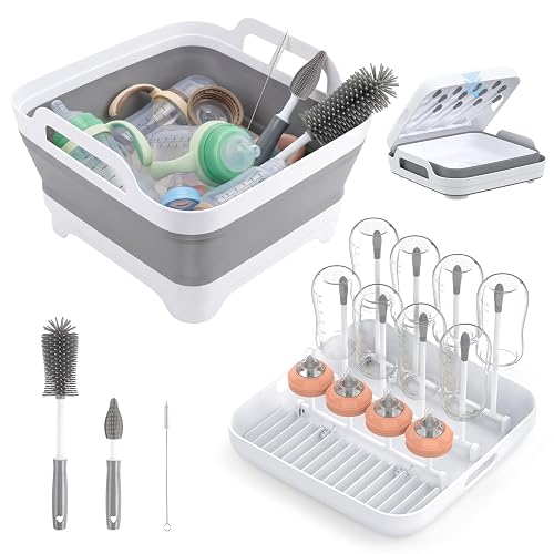 Yecuip Collapsible Baby Bottle Wash Basin w/Drying Rack & Drain Plug, Gray | 2.4 Gallon Foldable Dish Tub w/Handles,Portable RV Camping Sink & Space-Saving Wash Bin with Lid for Kitchen,Travel & Outdoor