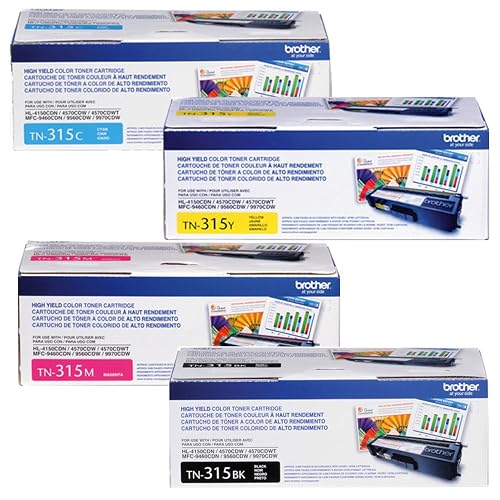 Brother TN-315BK,TN-315C,TN-315M,TN-315Y (OEM) GENUINE Toner Combo Set - High Yield, Multicolor - Compatible with Brother HL-4150CDN, HL-4570CDW, HL-4570CDWT, MFC-9460CDN, MFC-9560CDW, MFC9970CDW