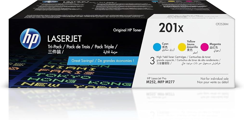 HP 201X Cyan, Magenta, Yellow High-Yield Toner Cartridge Printers (3-Pack) | Works with Color LaserJet Pro M252, Color LaserJet Pro MFP M277 Series | CF253XM