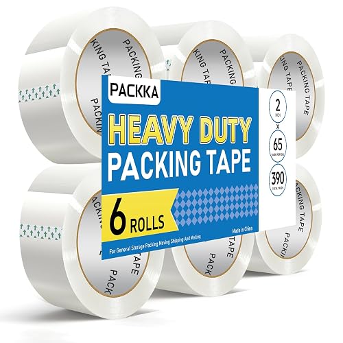 PACKKA Clear Packing Tape, Heavy Duty Packaging Tape Refills | 6 Rolls, 2 inch x 65 Yards, Shipping Tape Box Tape Mailing Tapes for Packaging Moving Sealing and Storage Boxes, Mens Gifts