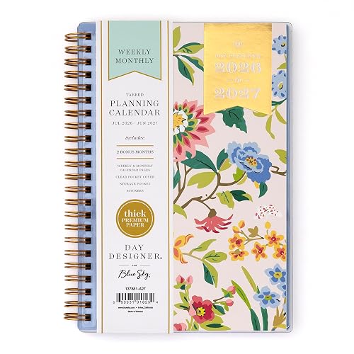 Blue Sky 2026-2027 Weekly & Monthly Academic Planner, 5"x8", Floral Blush | July 2026 - June 2027, Clear Pocket Cover, Laminated Tabs, Storage Pocket, Stickers, Academic Year, Day Designer
