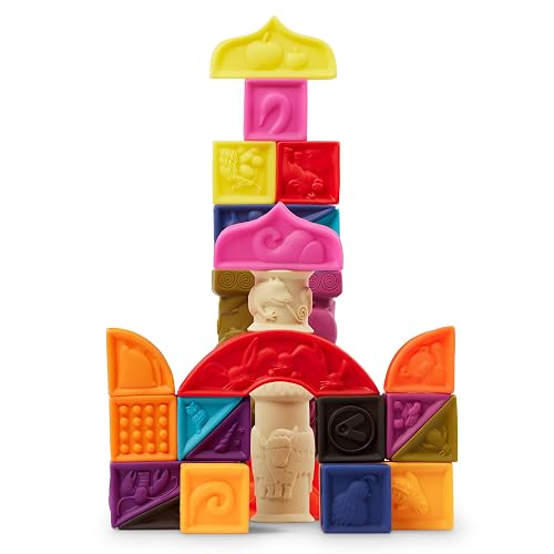 B. toys Baby Blocks, Elemenosqueeze Soft ABC Learning Set, 26 Blocks | 26 soft squeezable alphabet baby blocks with textured animals for stacking, sensory play, bath time, and early, 6+ Months