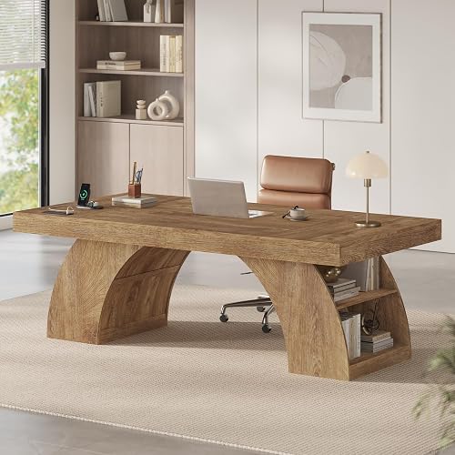 UPOSOJA 70.9 Inch Executive Desk, Large Office Desk with Power Outlet & Storage Shelves, Modern Aesthetic Computer Desks Wood Writing Table Workstation Business Furniture for Home Office (Oak)
