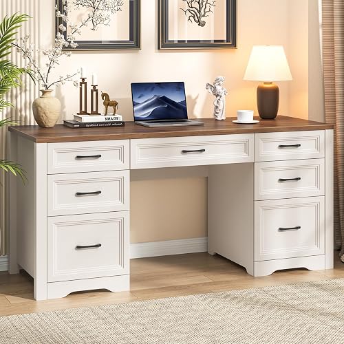 Halitaa Farmhouse Executive Desk, Wood Home Office Desk with 2 Large File Drawers and 5 Storage Cabinets, Rustic Writing Desk for Work and Study, Brown