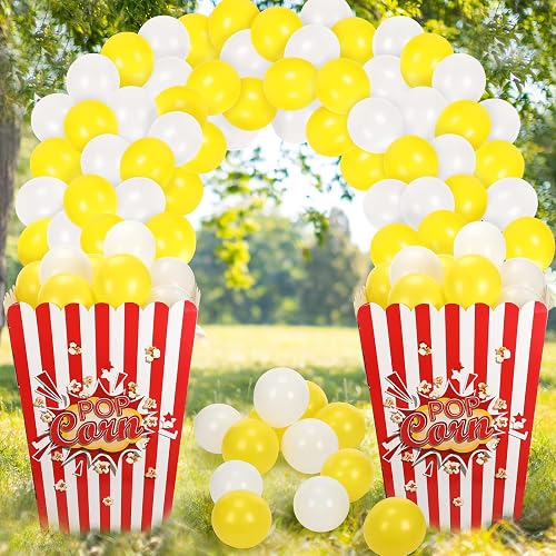 Sosation 2 Pack Giant Popcorn Box Prop Cardboard with Balloons, Red | Large Popcorn Party Decorations Movie 3D Popcorn Bucket Carnival Circus Decorations Arch Kit for Movie Night Birthday Party